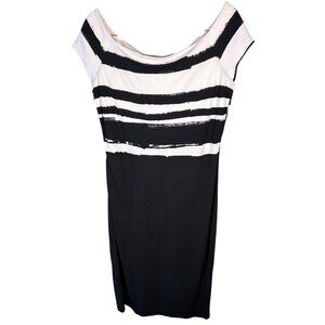 NWT Escada Womens US Sz M  Black White Striped Dress Slimming Pattern